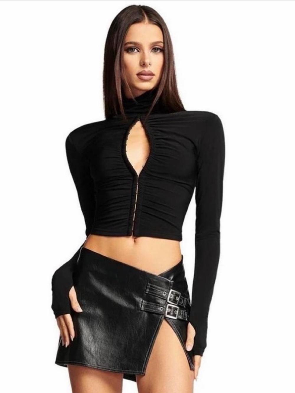 I.AM.GIA Black Ruched Turtleneck Crop Top